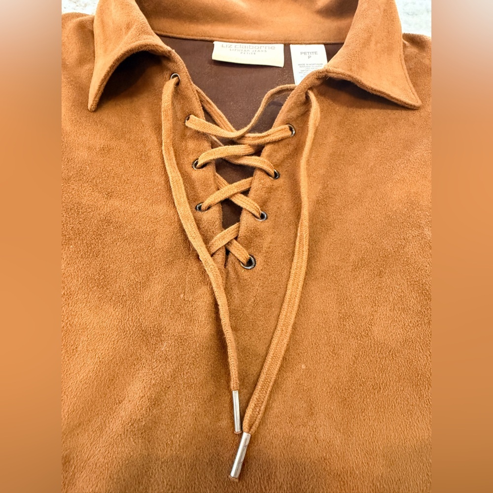 Liz Claiborne Petite Camel Faux Suede Lace Up Top Western Boho Size P - Picture 2 of 9